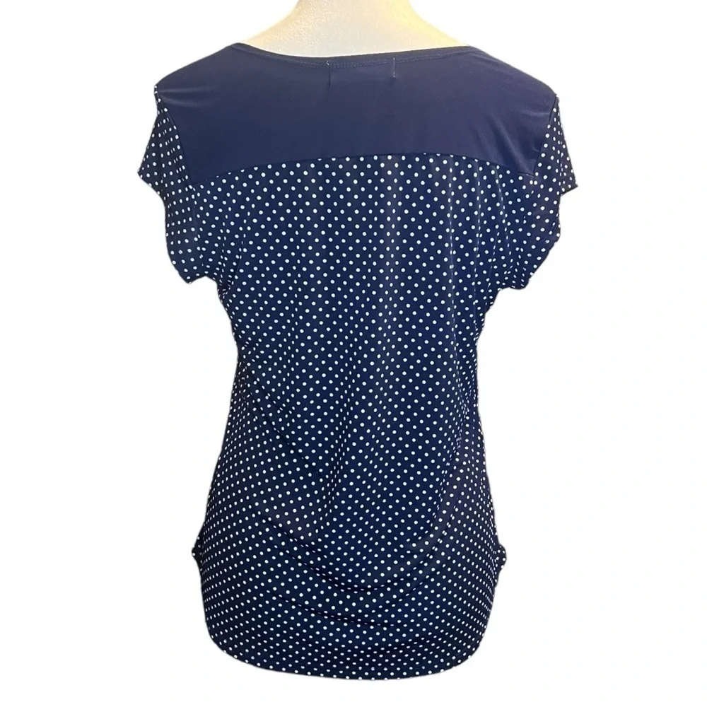 Diana Belle dark navy and white polka dot stretchy shirt size small EUC - Picture 6 of 7